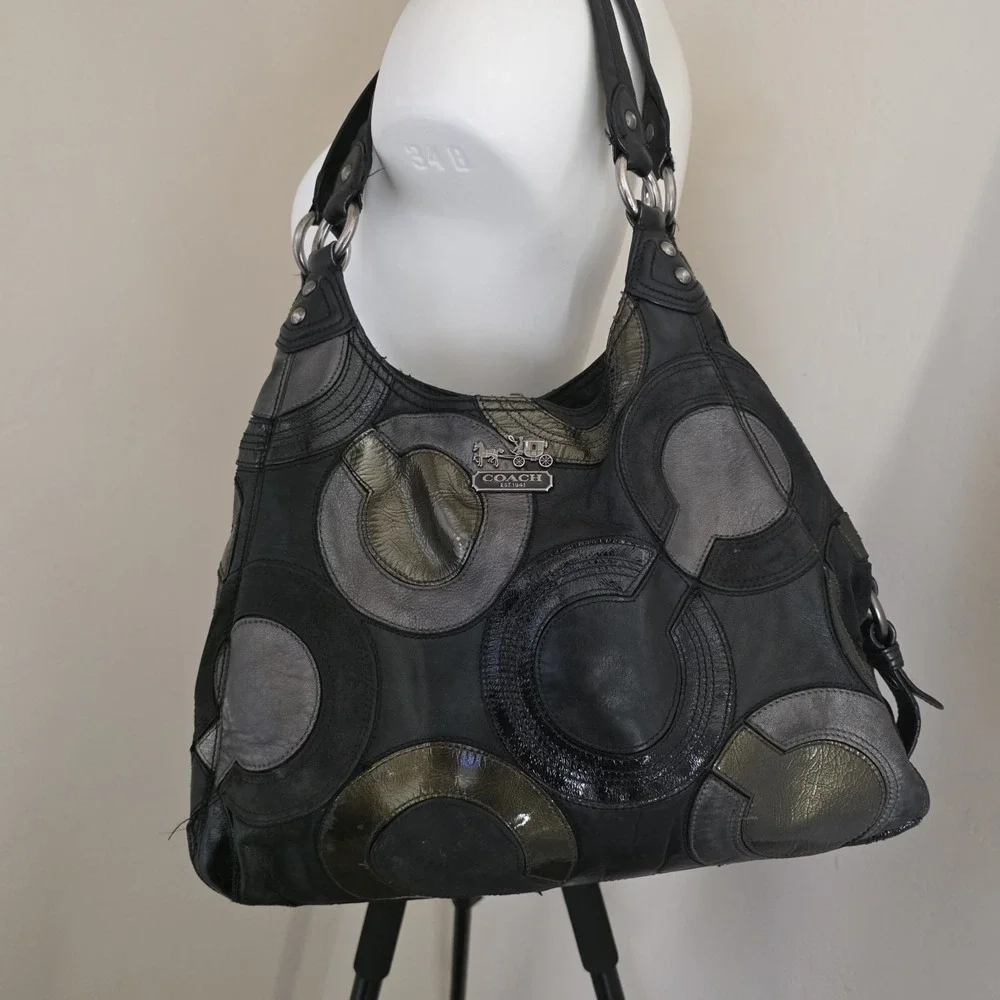Large Coach Madison Shoulder MaggiebHobo Bag Op Art C Logo Black Leather READ